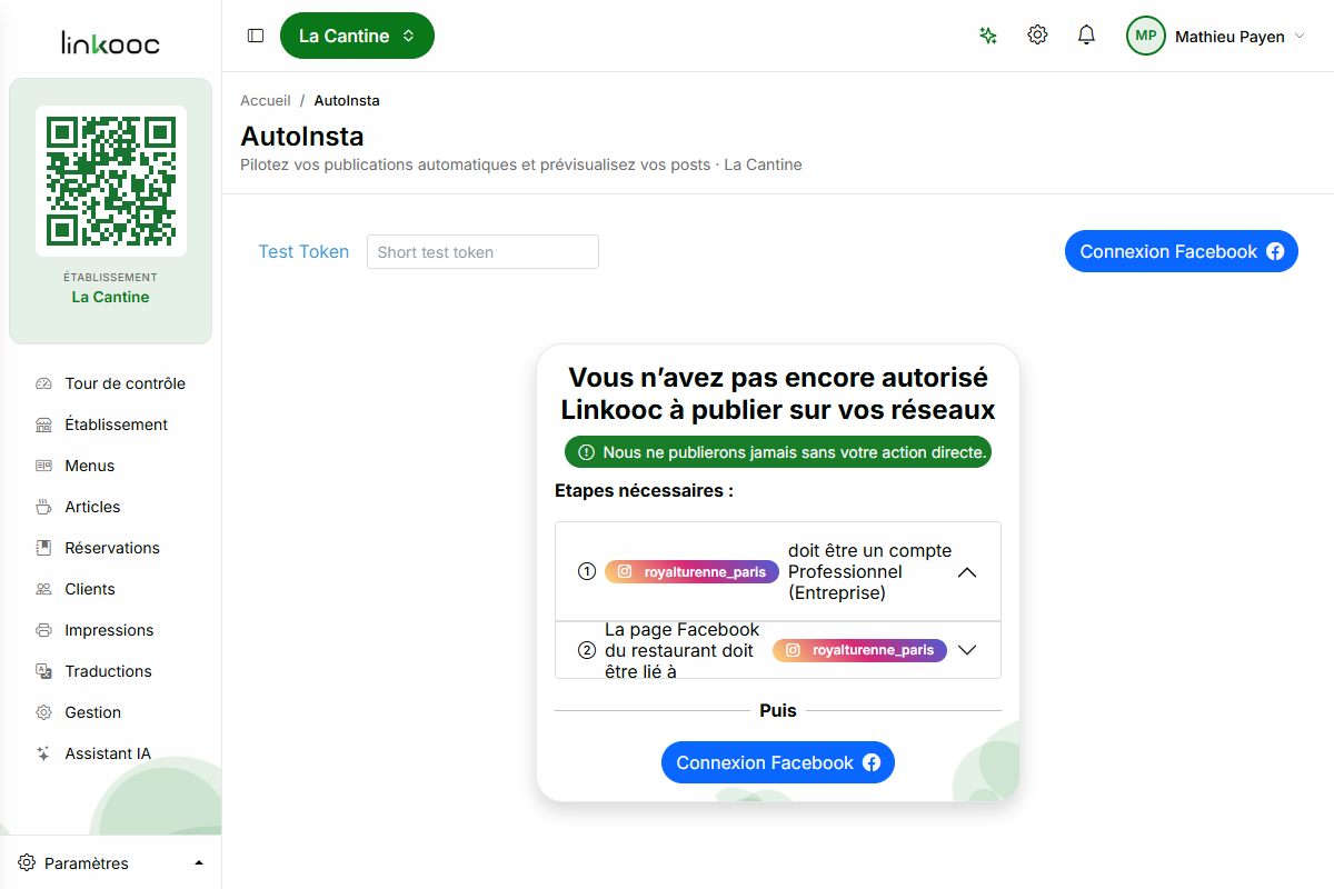 Page AutoInsta avant la connexion Facebook, avec les prérequis affichés