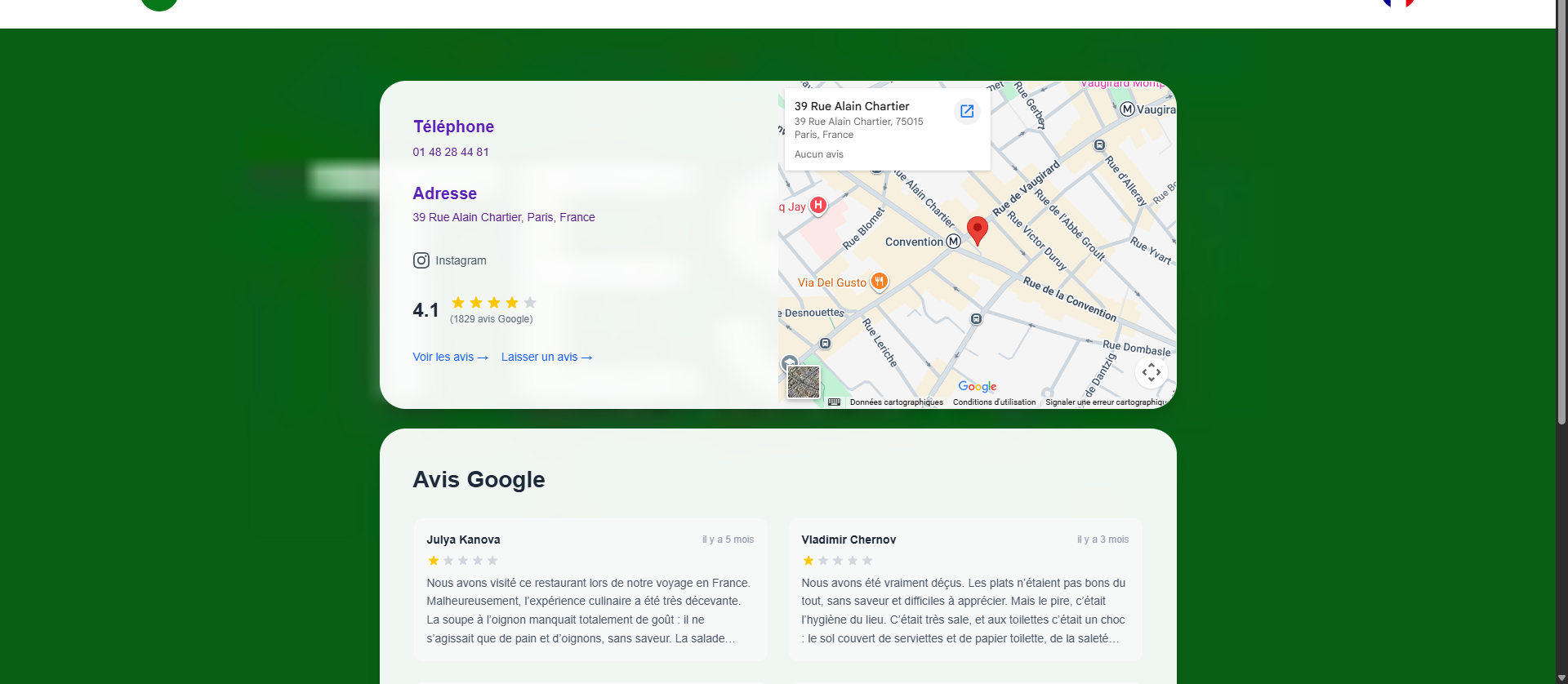 Avis Google et carte sur le site