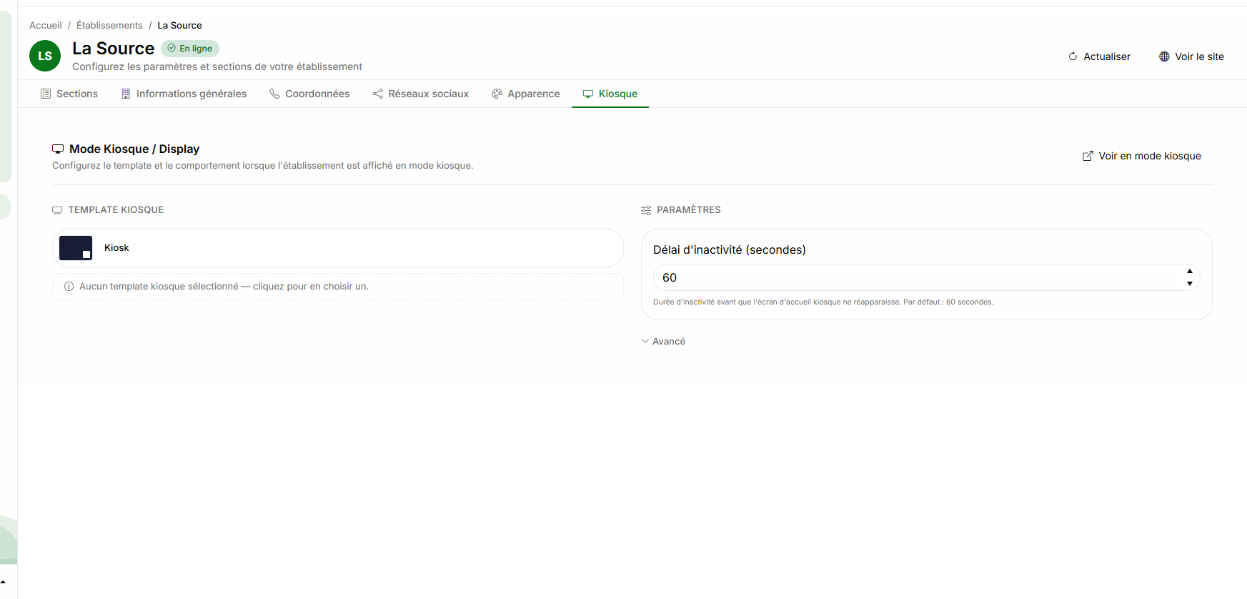 Page de configuration d'un établissement