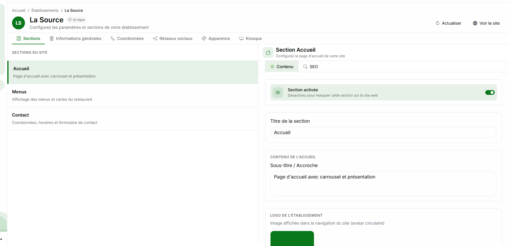 Configuration des sections du site