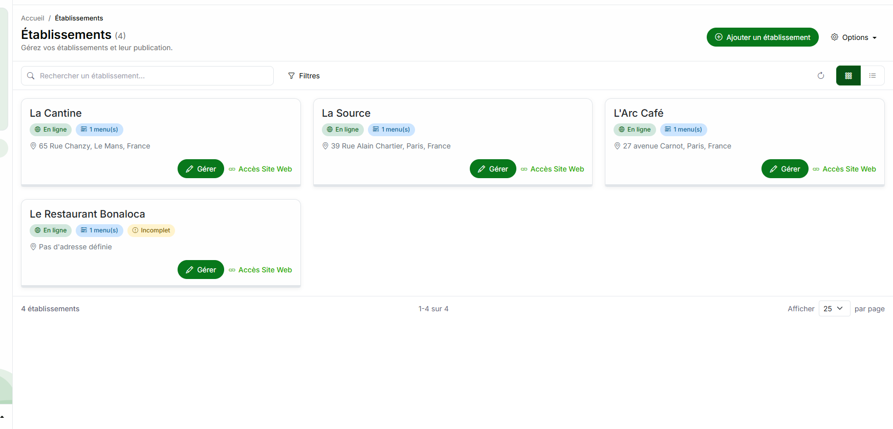 Liste des établissements