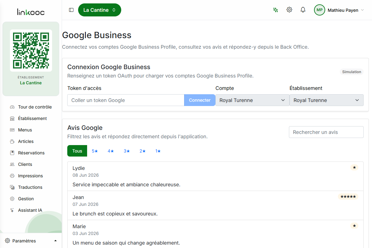 Page Google Business du Back Office