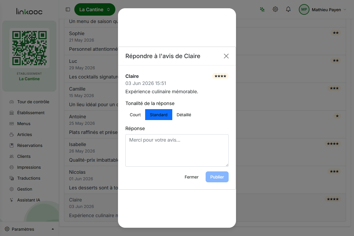 Fenêtre de réponse à un avis avec choix de la tonalité