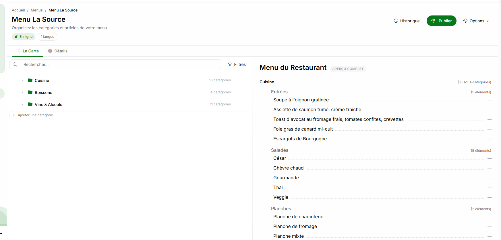 Éditeur de menu avec catégories et aperçu