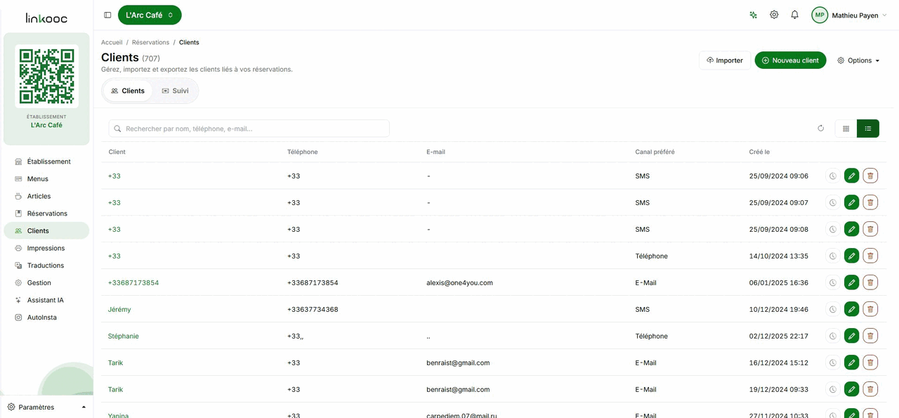 Apercu anime de l'onglet Suivi montrant le passage de la liste Clients au tableau de suivi des relances.
