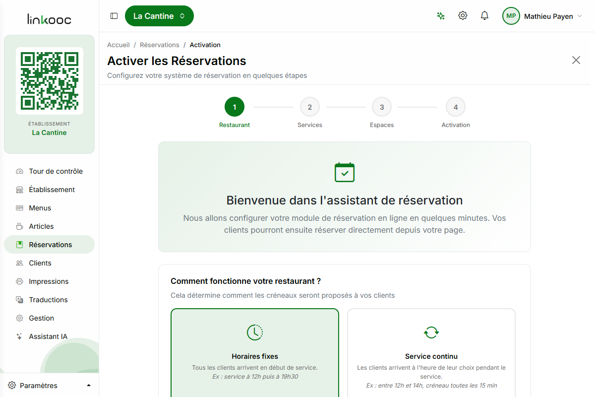 Assistant d'activation des réservations, étape Restaurant