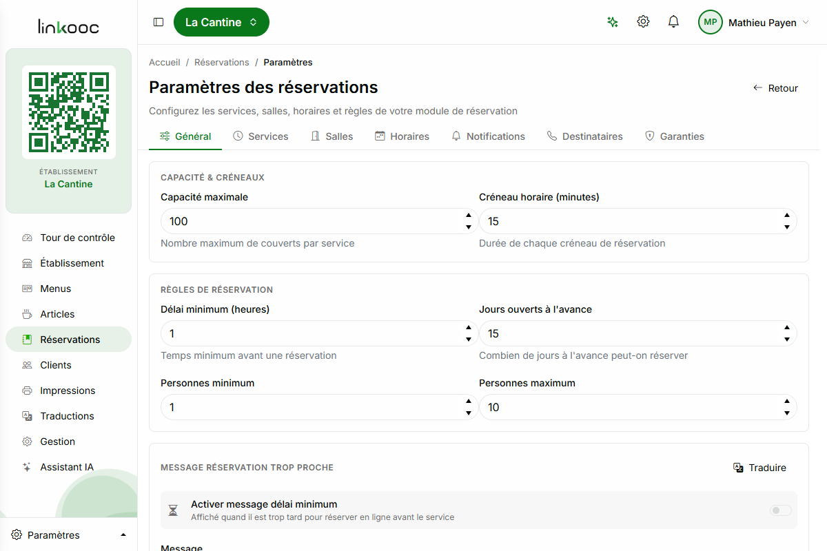 Onglet Général des paramètres de réservation