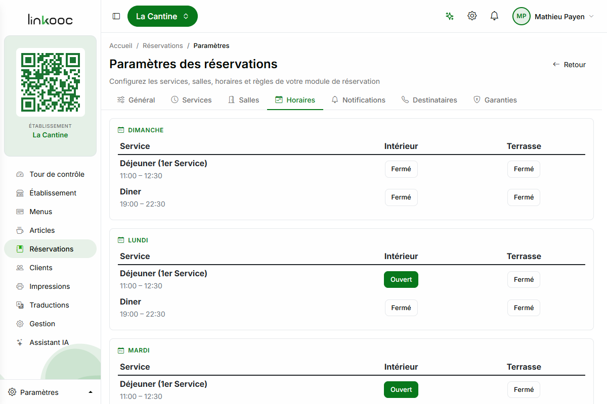Onglet Horaires : tableau Service × Salle × Jour